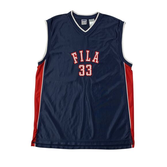 Vintage Fila Jersey Mens L Large Navy Red Patched Spell Out Logo Basketball - Picture 1 of 10